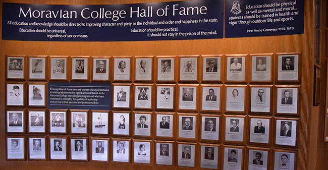 The Moravian College Hall of Fame display in Johnston Hall.