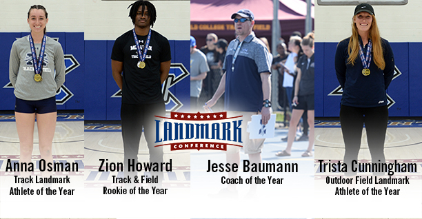 Anna Osman '19, Zion Howard '21, Head Coach Jesse Baumann and Trista Cunningham '18 receive major awards from the Landmark Conference.