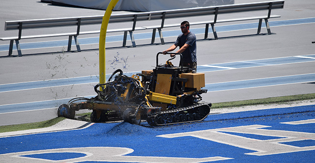 Work begins to replace the old Sportexe turf at Rocco Calvo Field after 13 years with a new Shaw Sports turf.
