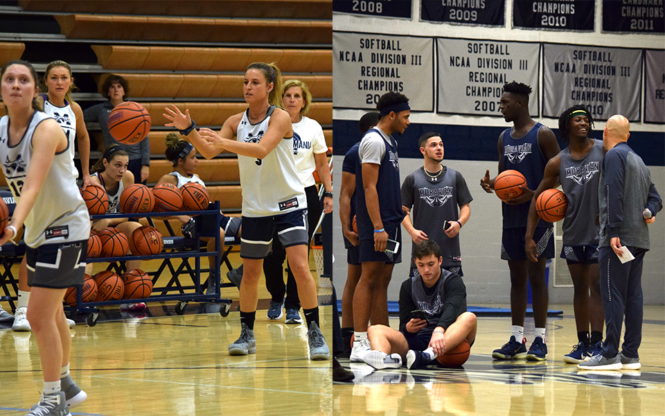The men's and women's basketball teams during Hoops Mania 2018 in Johnston Hall.