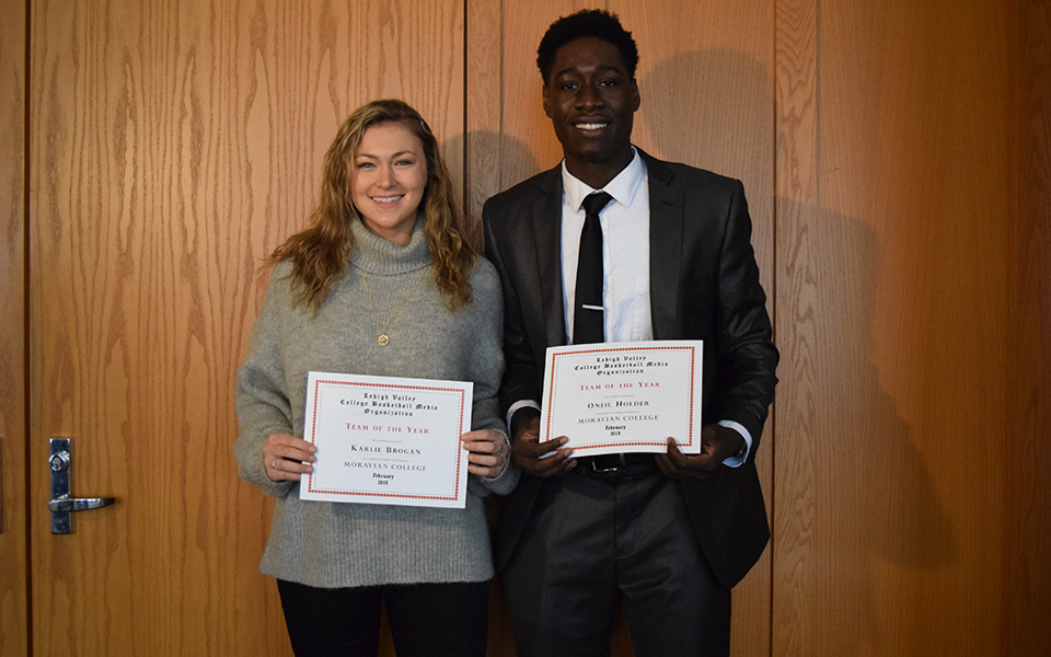 Junior Karlie Brogan and senior Oneil Holder named to the2019 Lehigh Valley Small College Basketball Media Organization Team of the Year.
