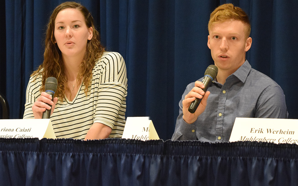Seniors Ariana Caiati and Nicholas Casazza talk at the January Lehigh Valley Small College Basketball Luncheon at DeSales University after being selected to the organization's Scholar-Athlete Team.