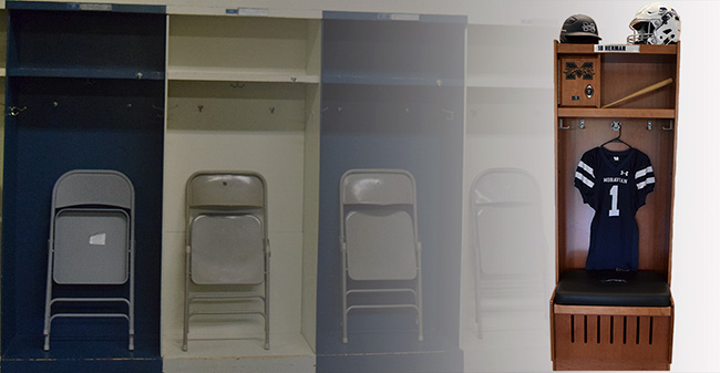 The old lockers in the baseball/football locker room to a prototype of the new lockers being installed in 2018.