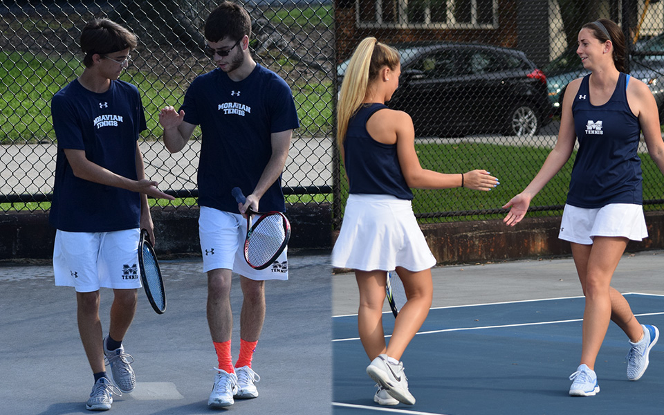Doubles teams Neil Guarino and Sean Kearns for the men and Brooke Adams and Kate Rennar celebrate points during the fall portion of the 2018-19 season on Hoffman Courts.
