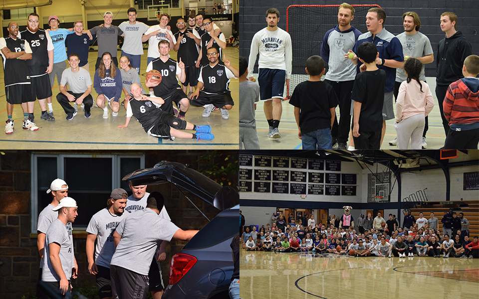 Clockwise from top left - men's and women's lacrosse help at the 7th Annual Student-Athlete Advisory Committee Special Olympics Basketball Tournament; Baseball helps at the fall William Penn Elementary Schoo Field Day; Men's & Women's Basketball host the Annual Play4Kay Clinic; Football helps with Freshman Move In.