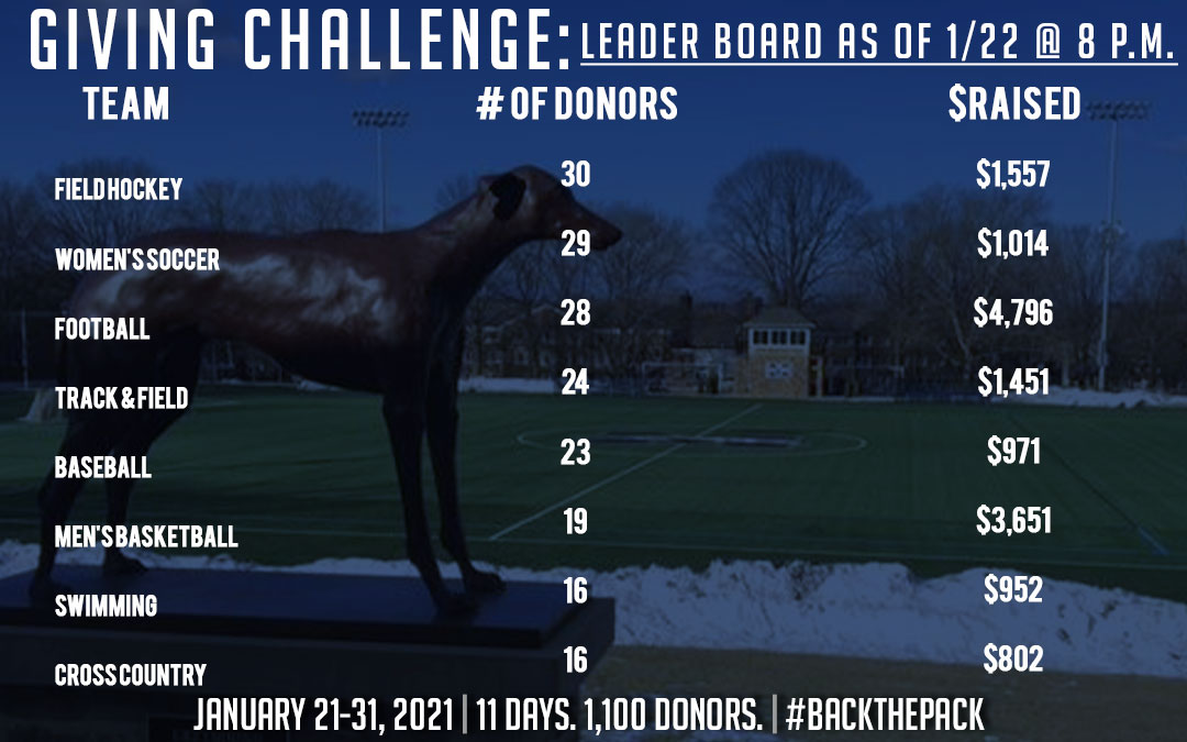 greyhounds statue above john makuvek field with athletic giving challenge leader board