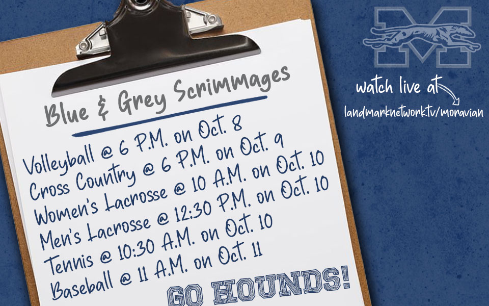 Clipboard with Blue and grey scrimmage schedule on a blue background with the Moravian athletics logo.