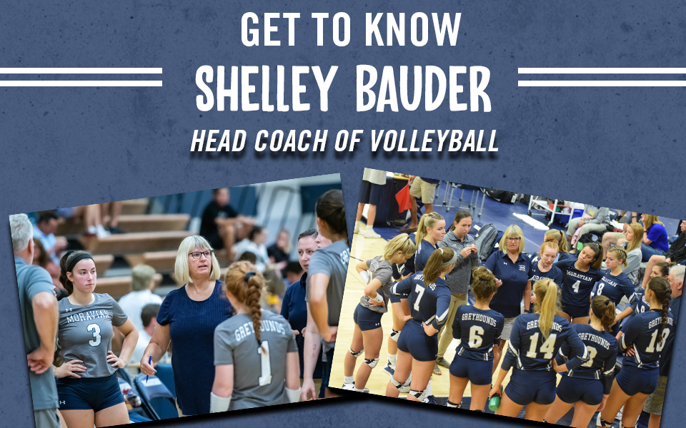 Head Women's Volleyball Coach Shelley Bauder coaching her team in huddles.
