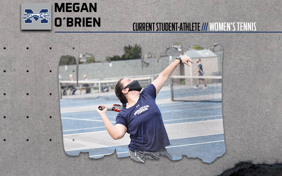 Megan o'brien serving a tennis ball on hoffman courts.