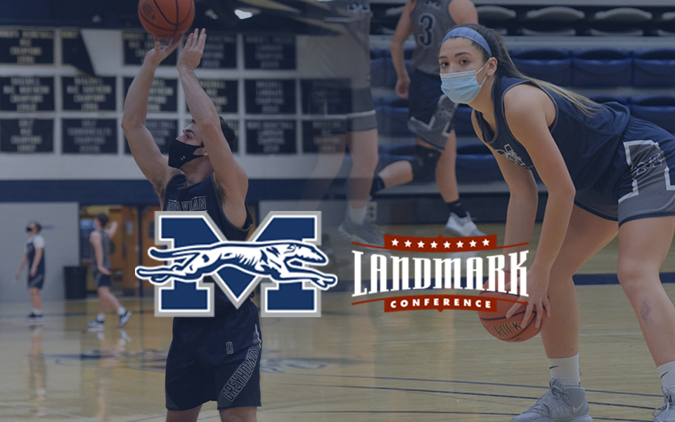 Men's basketball and women's basketball player in johnston hall behind moravian athletic logo and landmark conference logo