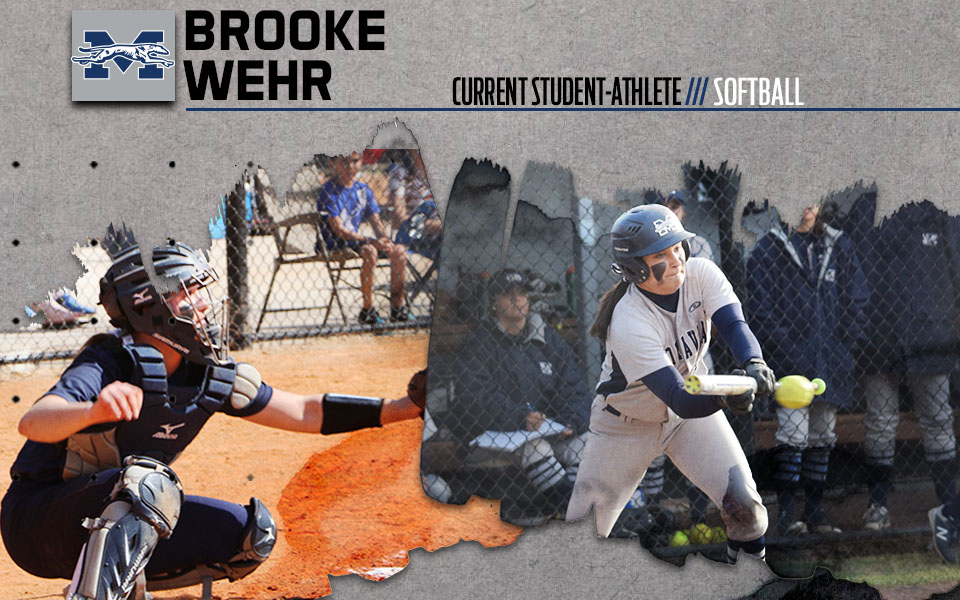 Brooke wehr behind the plate as a catcher and swinging to hit a pitch.