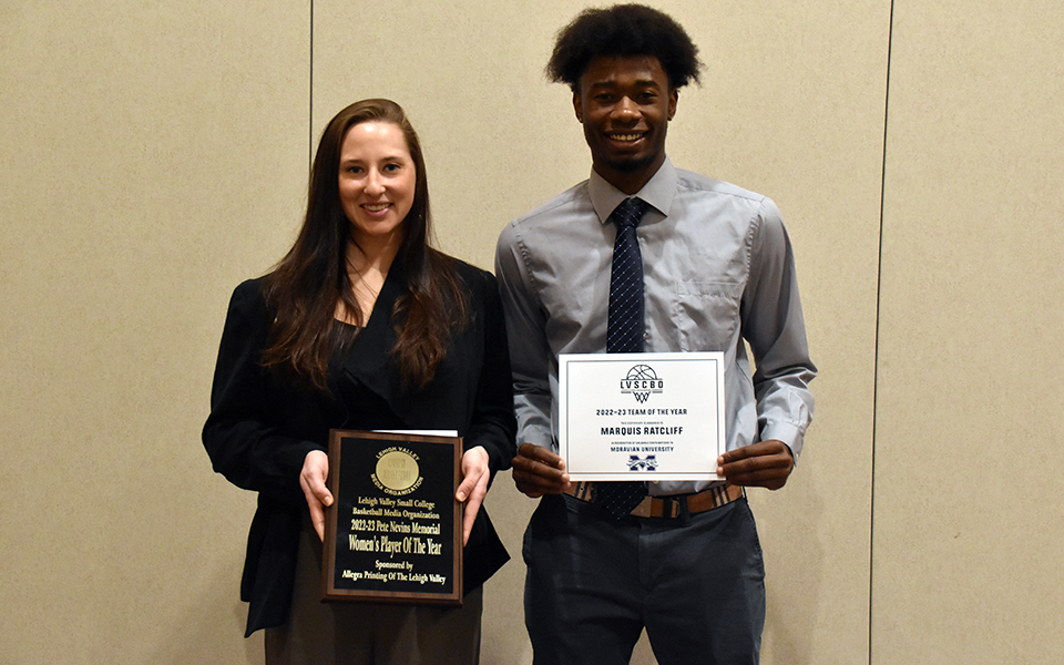 Graduate student forward Tessa Zamolyi and freshman forward Marquis Ratcliff with their honors at the 2023 Lehigh Valley Small College Basketball Organization Team of the Year Luncheon at DeSales University.