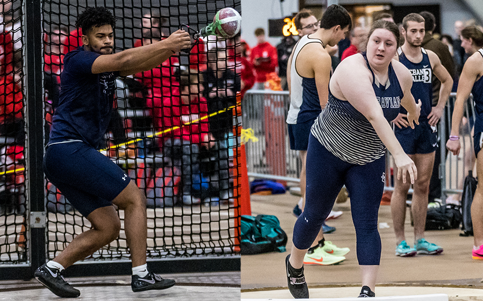 Senior Derek Mason competes in the 35-pound weight throw and junior Caillie Fish participates in the shot put at the 2023 Moravian Indoor Meet at Lehigh University's Rauch Fieldhouse. Photos by Cosmic Fox Media / Matthew Levine '11