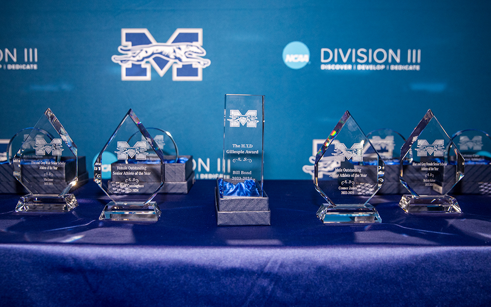 The 2024 Moravian All-Athlete Banquet awards before the presentation in Johnson Hall.