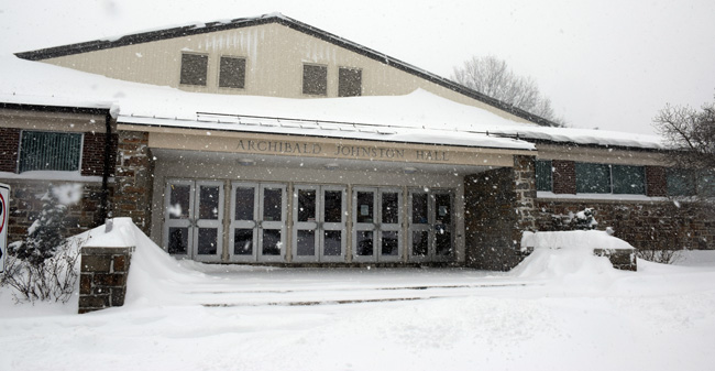 Snow covered entrance to Johnston Hall