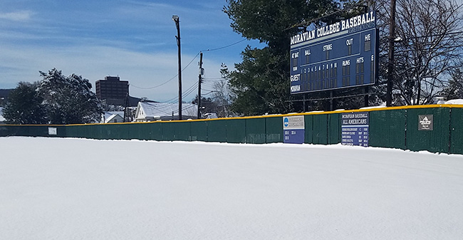 Gillespie Field under snow after a winter storm in March 2018.