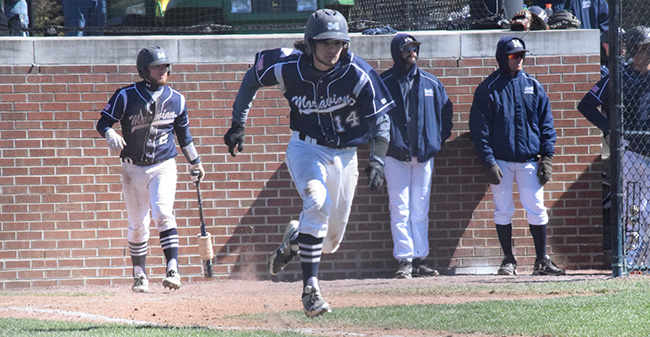 Ian Csencsits '20 heads towards first base in a game versus The Catholic University of America at Gillespie Field.