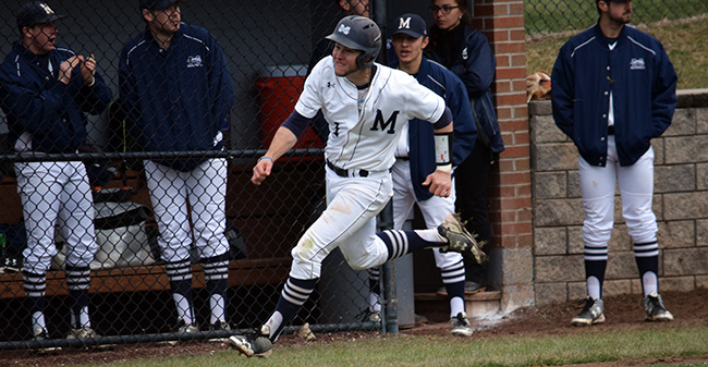 Austin Markowski '19 races towards home in the fourth inning of a victory versus Juniata College at Gillespie Field.