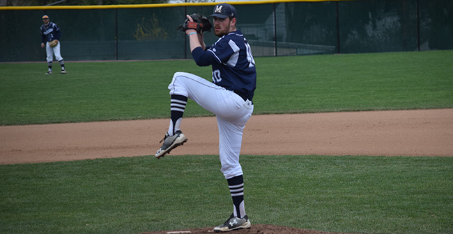 Dan Morrin '18 begins his windup to deliver a pitch to the plate versus Drew University at Gillespie Field.
