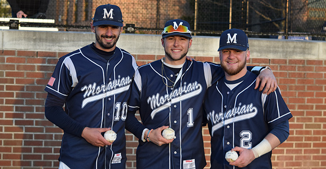Mike Mittl '19, Austin Markowski '19 and Evan Kulig '19 with their milestone baseballs after each reached 100 career hits versus Albright College at Gillespie Field.