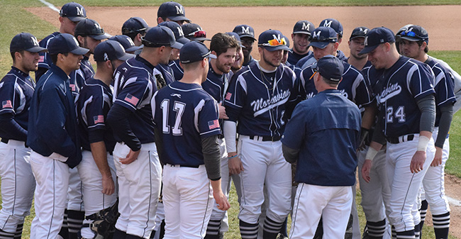 The Greyhounds huddle before a game versus Keystone College in 2018.