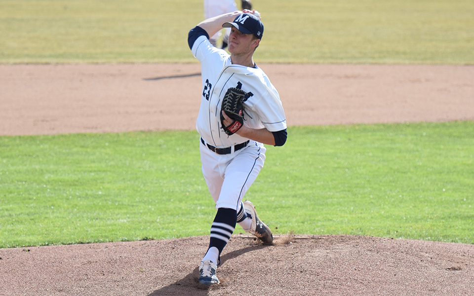 Freshman Scott Poulson delivers a pitch in his first career home start at Gillespie Field versus New Jersey City University.
