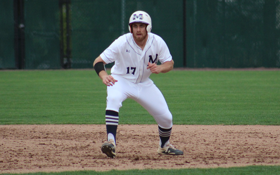 Sophomore Thomas Philipps leads away from second base after a double versus Alvernia University at Gillespie Field.