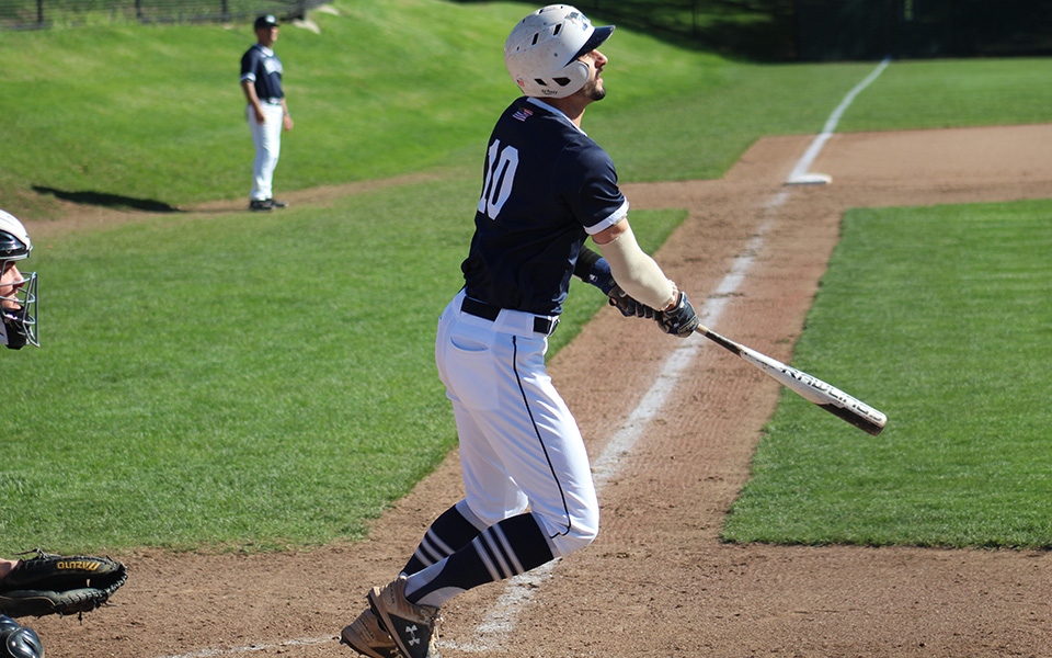Senior Mike Mittl connects on a double down the right field line versus DeSales University at Gillespie Field.