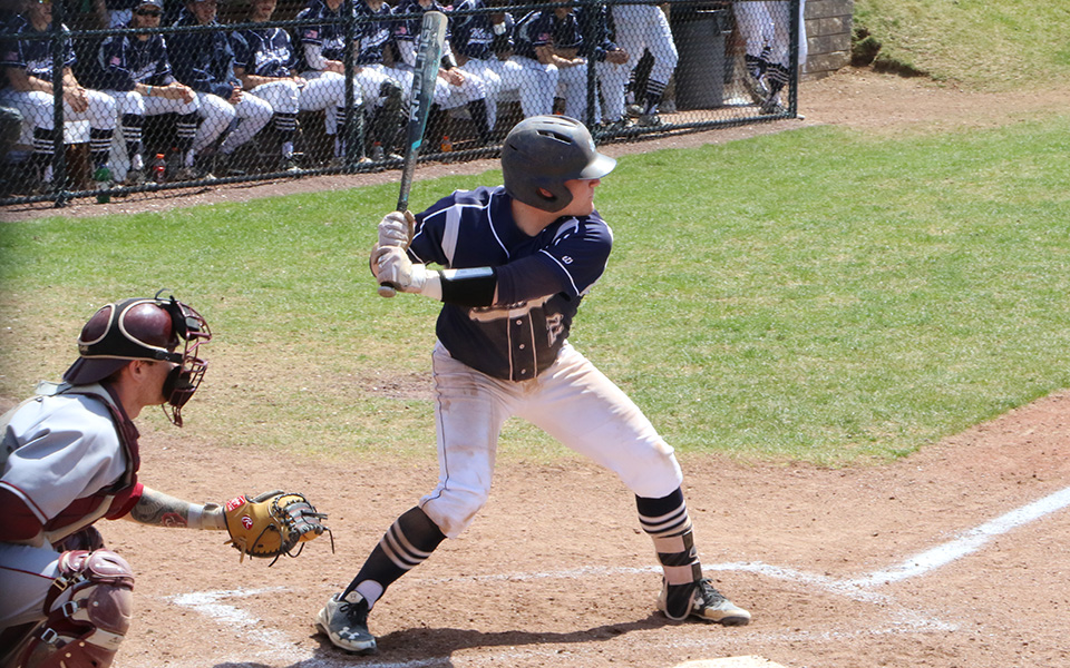 Evan Kulig gets ready to swing at a pitch in a game versus Vassar (N.Y.) College at Gillespie Field during the 2018 season.
