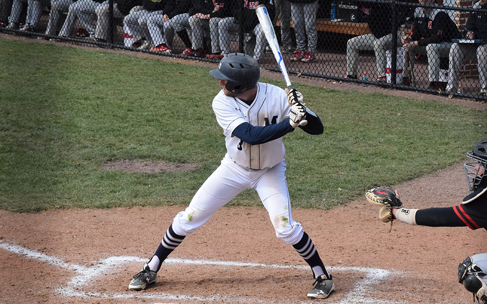 Tim Heard waits for a pitch during a game versus The Catholic University of America on Gillespie Field during the 2019 season.