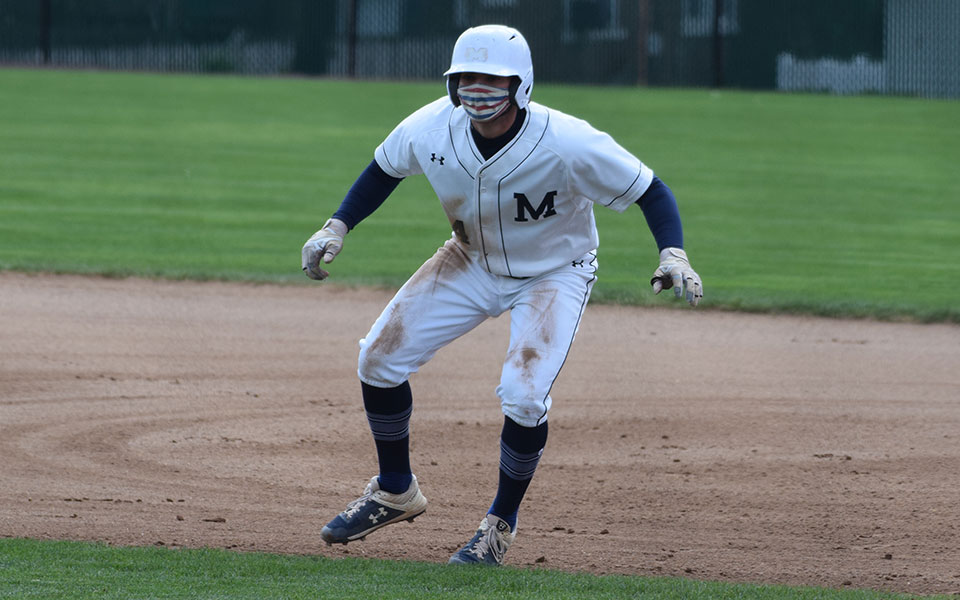 Graduate student Ian Csencsits '20 leads away from first base during a game versus Keystone College at Gillespie Field on April 21, 2021.