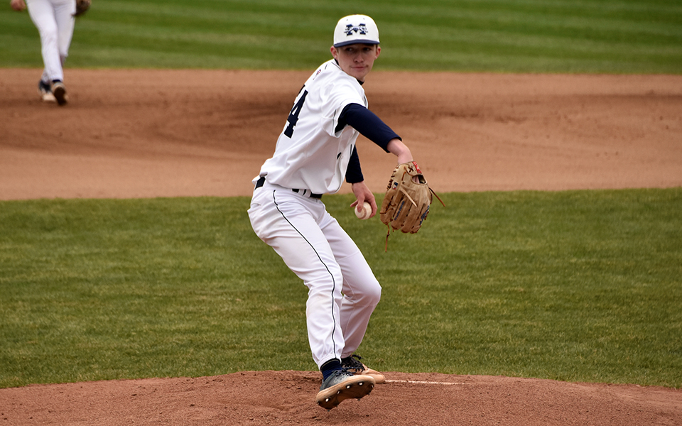 Freshman pitcher Ross Huffman delivers a pitch in the first inning versus Susquehanna University at Gillepsie Field.
