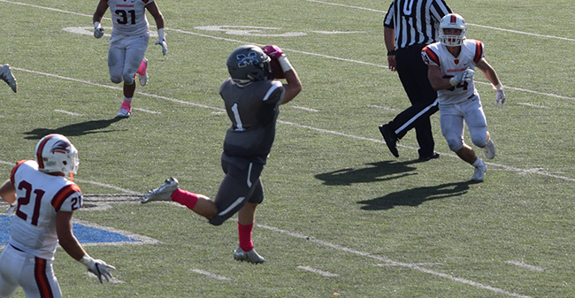 Aaron Hudson '18 leaps for a reception in the fourth quarter versus Susquehanna University.