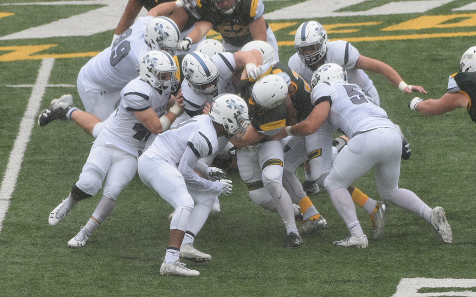 The Moravian defense makes a stop at McDaniel College during the third quarter.