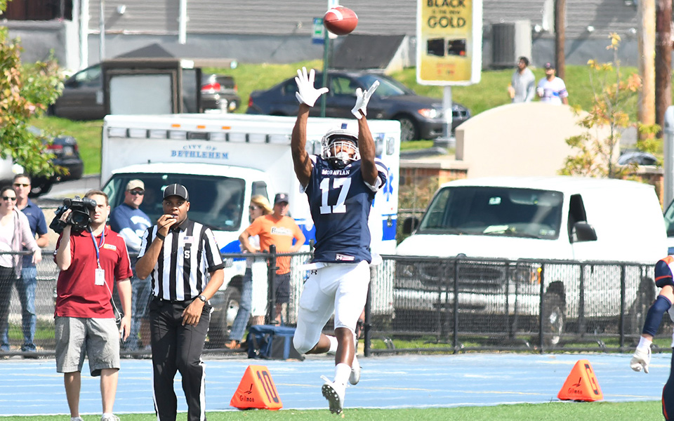 Jalen Richardson goes up for one of his two interceptions versus Gettysburg College at Rocco Calvo Field.
