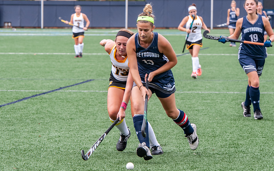 Senior Elizabeth Hrehovcik pushes the ball towards the goal in a match versus Delaware Valley University.