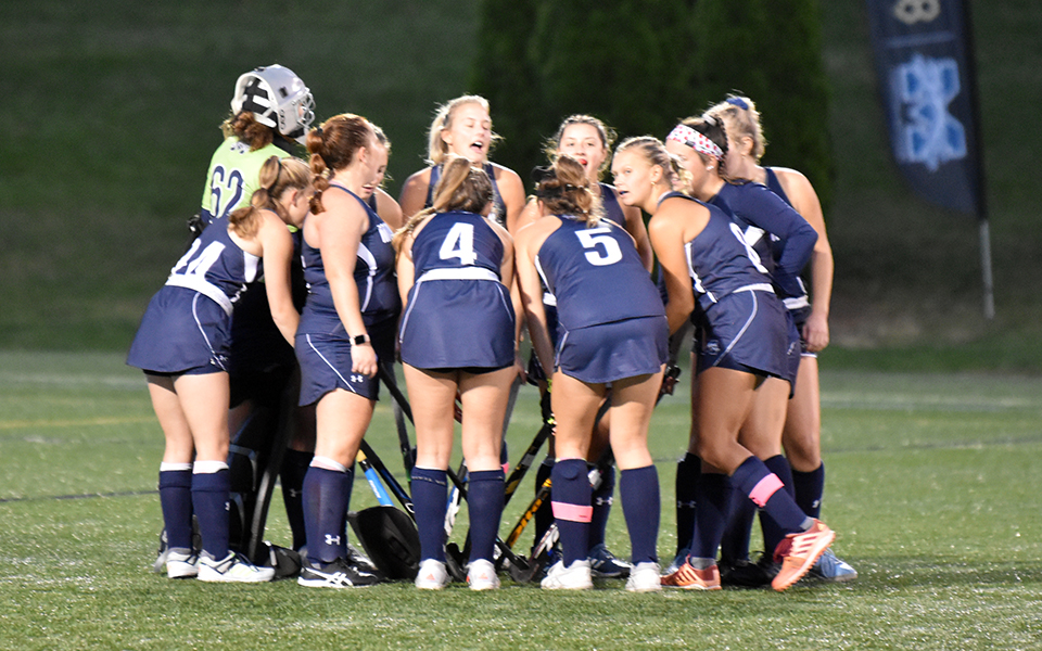 The Greyhounds huddle as they get set to take on King's College in a non-conference match on John Makuvek Field earlier this season. Photo by Mairi West '23