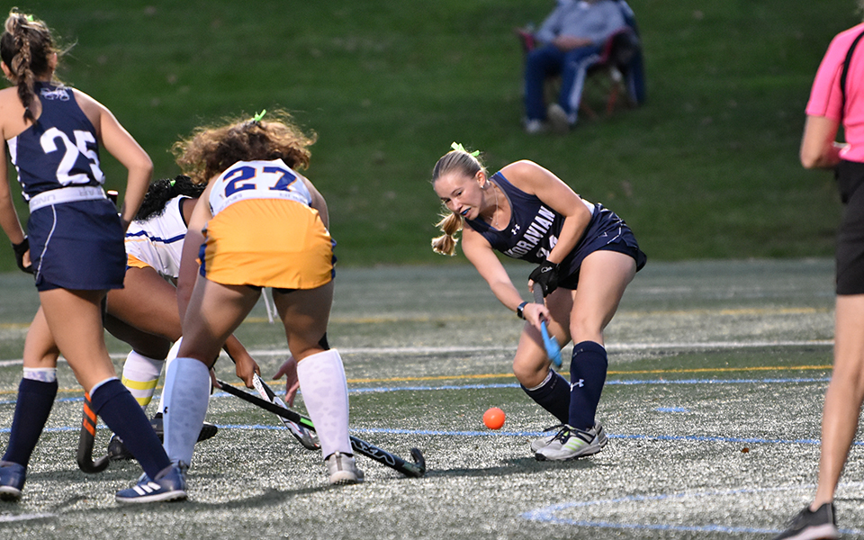 Senior forward Hanna Leto takes a shot that ends up as her first goal of the night versus Goucher College on John Makuvek Field. Photo by Avery Saladino '24