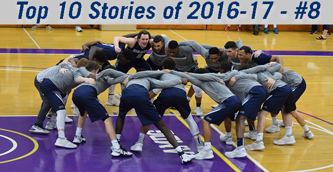 The Men's Basketball team prepares to play at The University of Scranton in 2017 Landmark Conference Championship game.