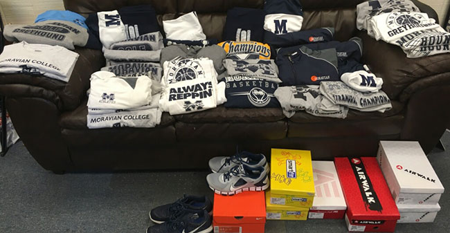 Clothing and shoes collected by Head Men's Basketball Coach Justin Potts to send to Houston as part of the Hurricane Harvey relief efforts.