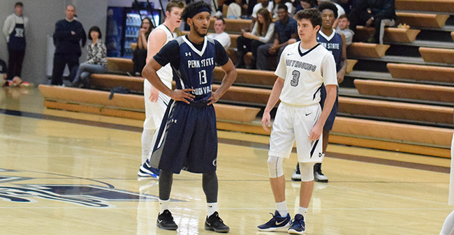 New men's basketball assistant coach Jordan Young (No. 13) plays against the Greyhounds for Penn State Lehigh Valley during the 2016-17 season in Johnston Hall.