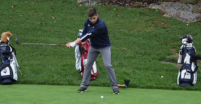 Victor Tavares '21 tees off on the second hole at the Lehigh Country Club during the John Makuvek Cup.