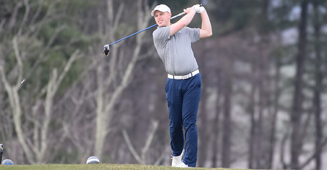 Tyler Smith '18 tees off on the 17th hole at Southmoore Golf Course during the Moravian Spring Invitational.