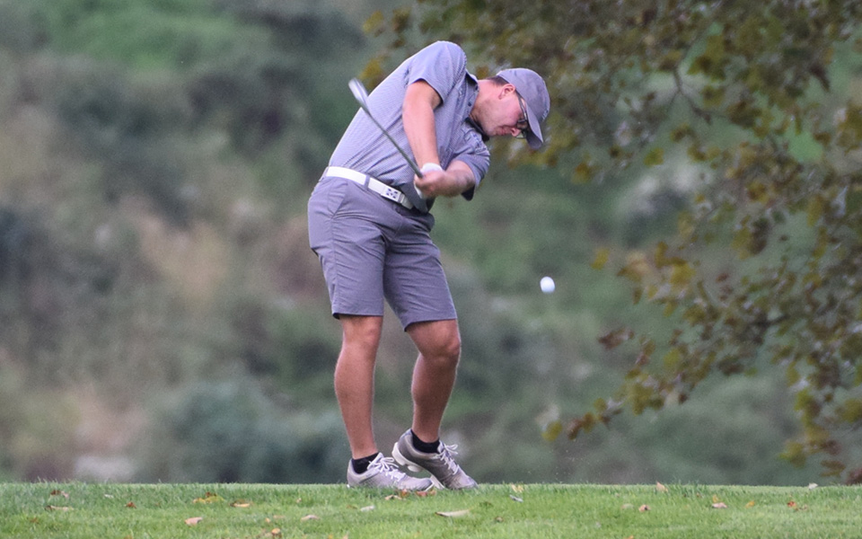 Sophomore Thomas Lakata tees off on the fifth hole at the Weyhill Course at Saucon Valley Country Club in the 2018 Moravian Weyhill Classic.