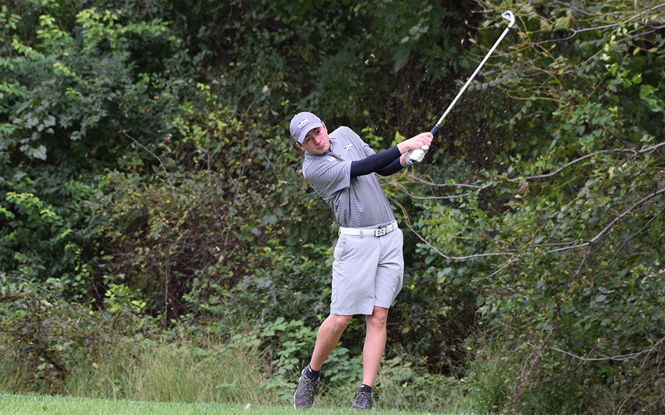 Sophomore Kody Kolnik tees off on the sixth hole of the Weyhill Course at Saucon Valley Country Club during the 2018 Moravian Weyhill Classic.