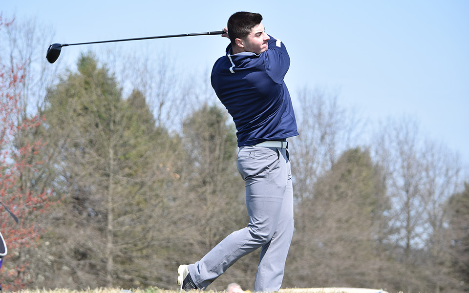 Sophomore Victor Tavares tees off at the Southmoore Golf Course during the Moravian Spring Invitational.