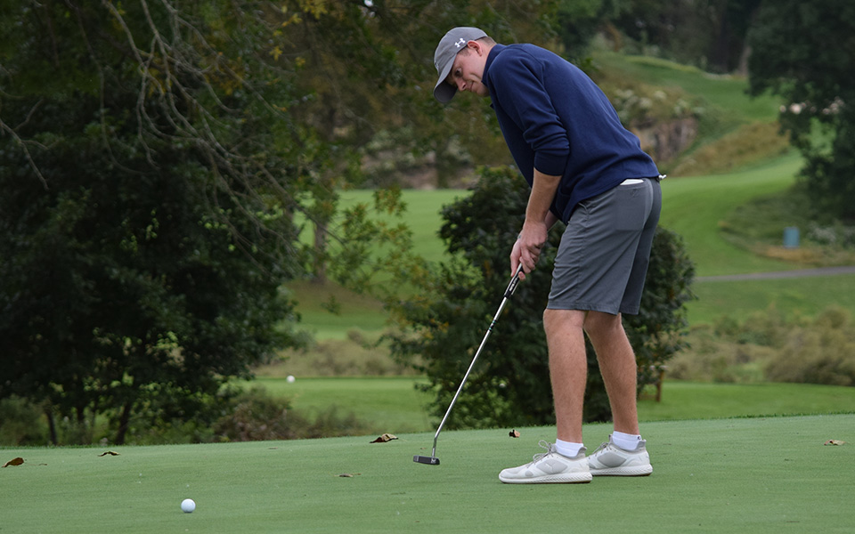 Joe Rochelle putts on the second green during the 2018 Moravian Weyhill Classic at Saucon Valley Country Club.
