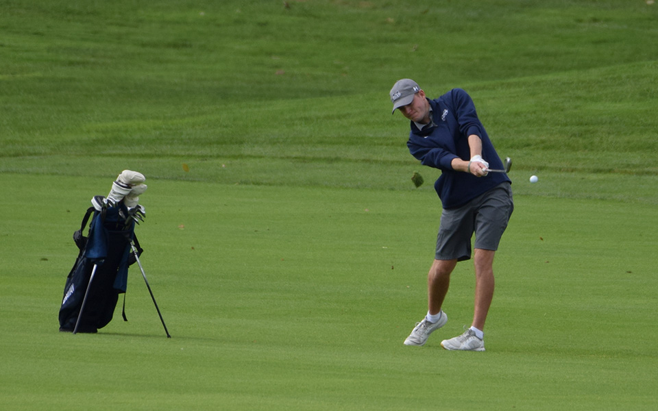 Senior Joe Rochelle hits an approach shot on the first hole on the Weyhill Course on Saucon Valley Country Clud during the 2018 Moravian Weyhill Classic.