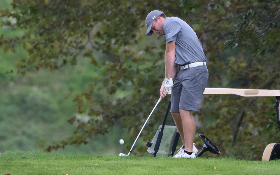 Senior Kody Long tees off on the fifth hole on the Weyhill Course at Saucon Valley Country Club during the Moravian Weyhill Invitational in September 2018.