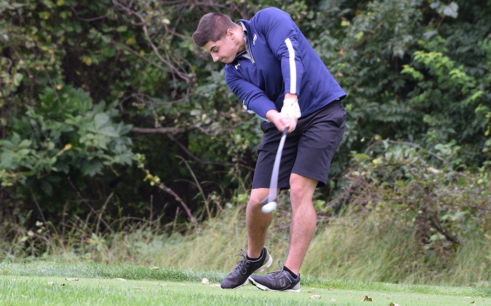 Sophomore Victor Tavares tees off on the sixth hole at the 2018 Moravian Weyhill Classic played at Saucon Valley Country Club.